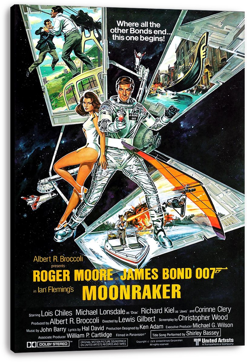 Moonraker movie poster canvas featuring Roger Moore as James Bond in a spacesuit amid space vehicles, action panels, and bold yellow title text.