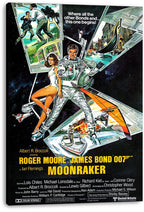 Moonraker movie poster canvas featuring Roger Moore as James Bond in a spacesuit amid space vehicles, action panels, and bold yellow title text.