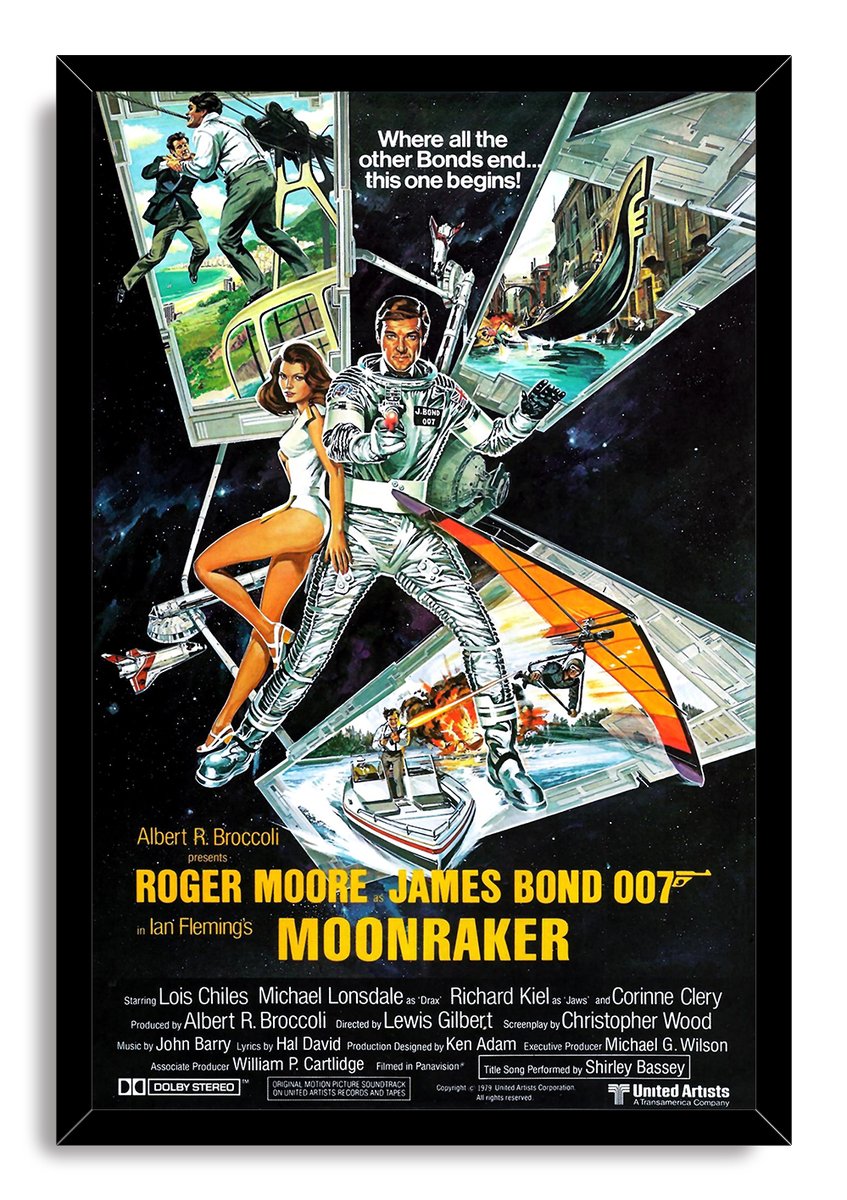 Moonraker framed wall art print with Roger Moore’s astronaut-clad James Bond, a seated woman, spacecraft, water action, and black frame.