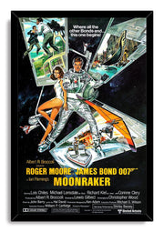 Moonraker framed wall art print with Roger Moore’s astronaut-clad James Bond, a seated woman, spacecraft, water action, and black frame.