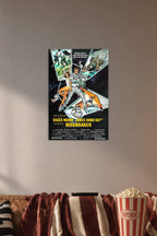 James Bond 007 Moonraker Roger Moore in a cozy movie room above a brown sofa with popcorn.