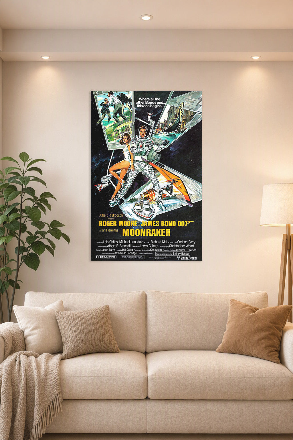 James Bond 007 Moonraker Roger Moore in a bright living room above a beige sofa.