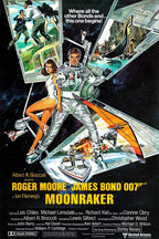 Moonraker movie poster wall art print with Roger Moore in a silver spacesuit, a woman, spacecraft, boat chase, and starry black background.