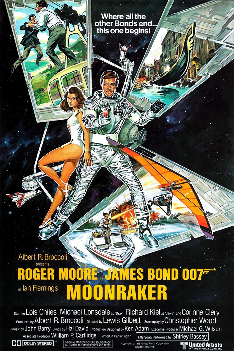 Moonraker movie poster wall art print with Roger Moore in a silver spacesuit, a woman, spacecraft, boat chase, and starry black background.