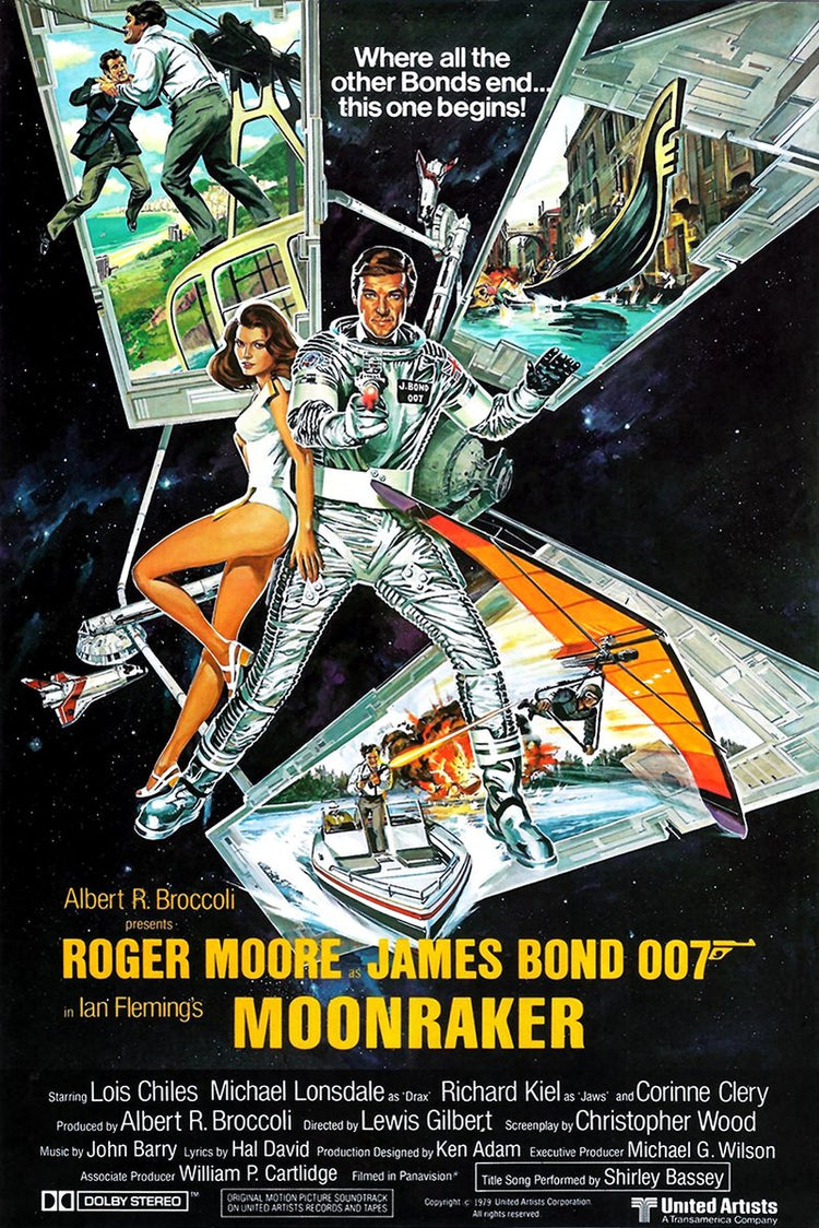 Moonraker movie poster wall art print with Roger Moore in a silver spacesuit, a woman, spacecraft, boat chase, and starry black background.