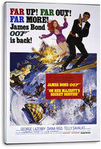 James Bond 007 On Her Majesty's Secret Service wall art print on a stretched canvas, featuring skiers, helicopters, and a mountain chase.