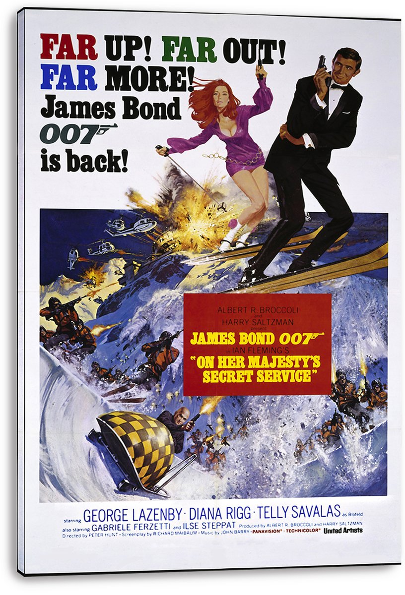 James Bond 007 On Her Majesty's Secret Service wall art print on a stretched canvas, featuring skiers, helicopters, and a mountain chase.