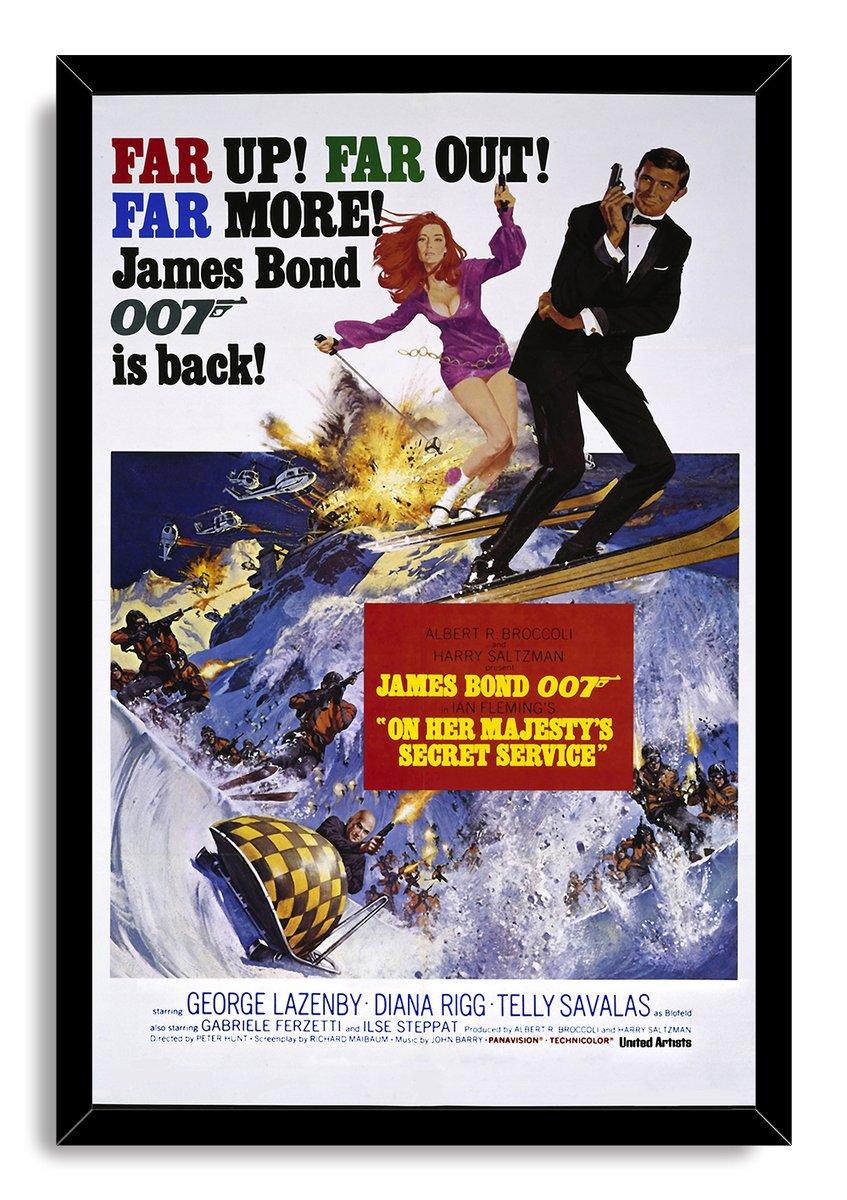 James Bond 007 On Her Majesty's Secret Service framed wall art print with a black border, Bond skiing through explosive Alpine action.