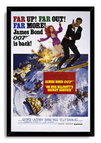 James Bond 007 On Her Majesty's Secret Service framed wall art print with a black border, Bond skiing through explosive Alpine action.