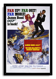 James Bond 007 On Her Majesty's Secret Service framed wall art print with a black border, Bond skiing through explosive Alpine action.