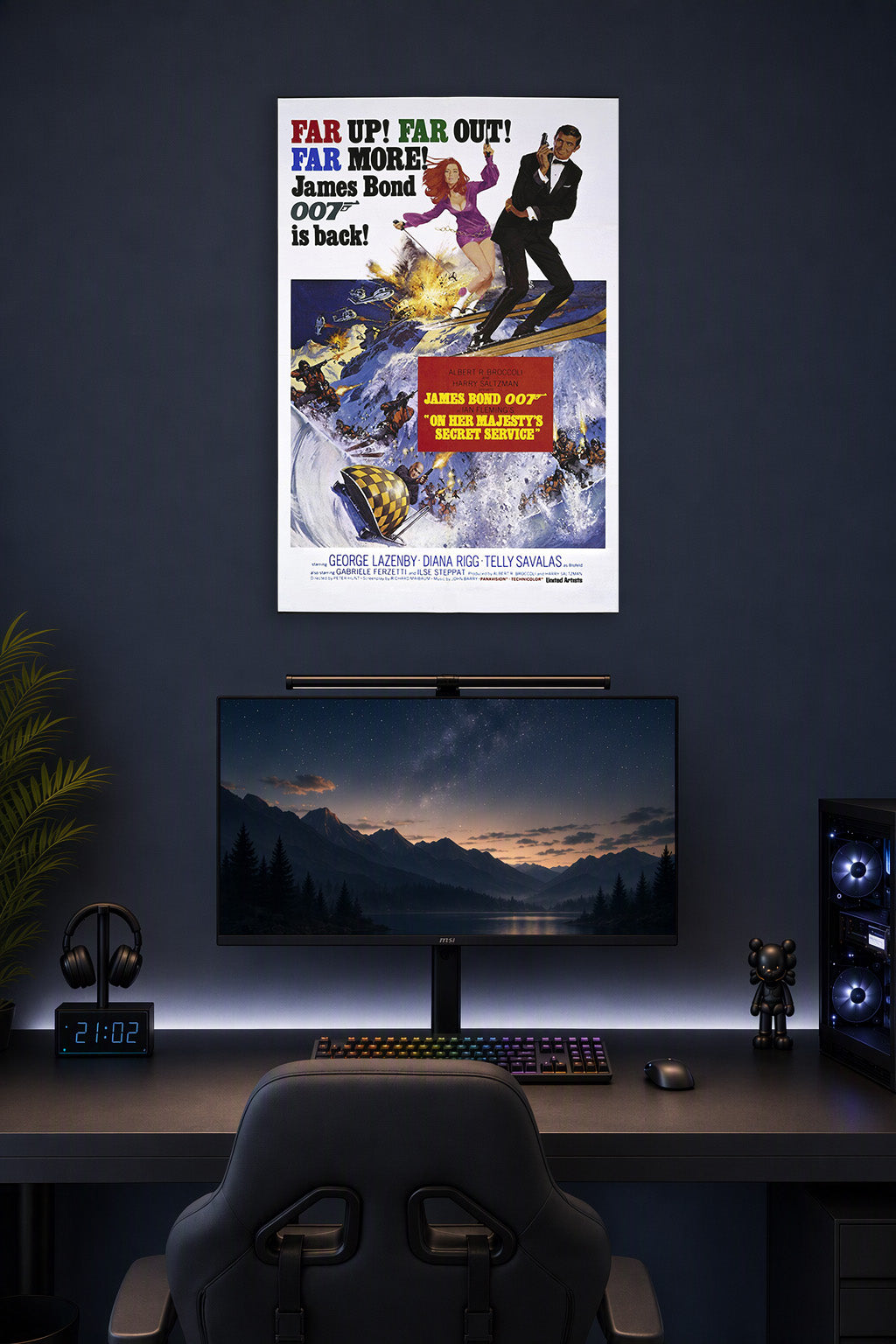 James Bond 007 On Her Majesty's Secret Service in a gaming desk setup above a monitor.