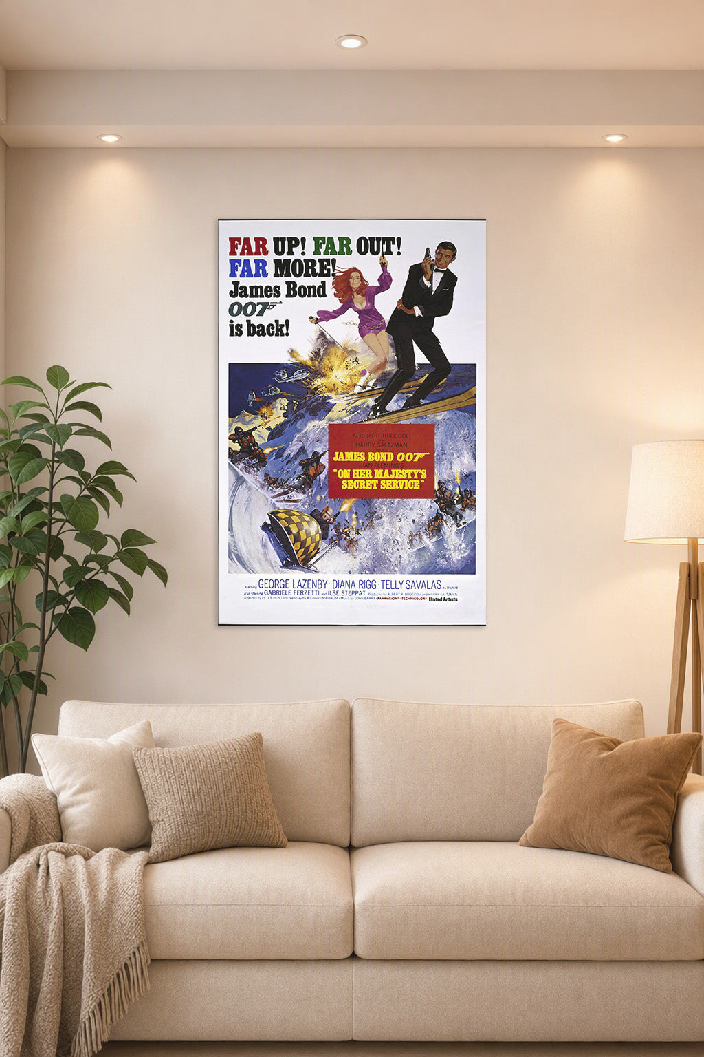 James Bond 007 On Her Majesty's Secret Service in a bright living room above a beige sofa.