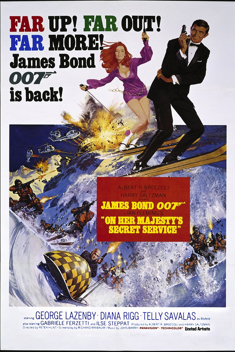 James Bond 007 On Her Majesty's Secret Service poster with Bond and a woman skiing above Alpine explosions and helicopters.