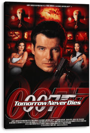 James Bond Tomorrow Never Dies wall art print on a black-edged canvas, with Pierce Brosnan, a pistol, and red spy scenes.