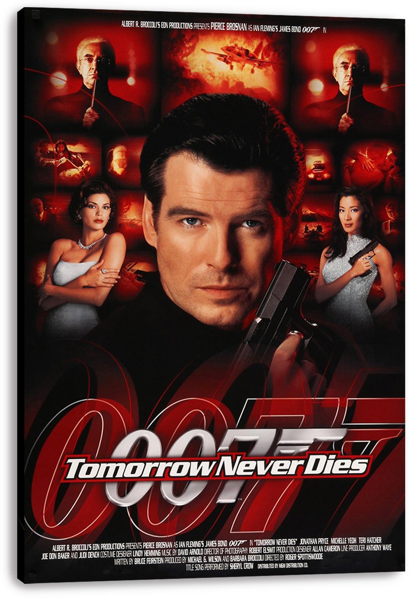 James Bond Tomorrow Never Dies wall art print on a black-edged canvas, with Pierce Brosnan, a pistol, and red spy scenes.