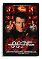 James Bond Tomorrow Never Dies framed wall art print features Pierce Brosnan with a pistol, two women, and fiery red action imagery.