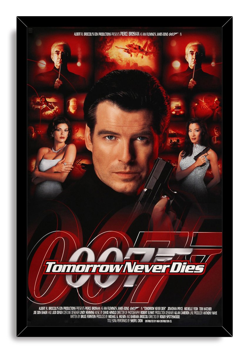 James Bond Tomorrow Never Dies framed wall art print features Pierce Brosnan with a pistol, two women, and fiery red action imagery.