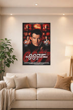 James Bond 007 Tomorrow Never Dies Movie Poster in a bright living room above a beige sofa.
