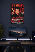 James Bond 007 Tomorrow Never Dies Movie Poster in a gaming desk setup above a monitor.