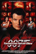 James Bond Tomorrow Never Dies poster features Pierce Brosnan holding a pistol, women in silver dresses, and red action scenes.