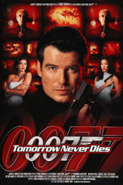 James Bond Tomorrow Never Dies poster features Pierce Brosnan holding a pistol, women in silver dresses, and red action scenes.