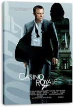 Casino Royale canvas wall art print featuring Daniel Craig as James Bond in a tuxedo, holding a pistol beside a silver sports car.