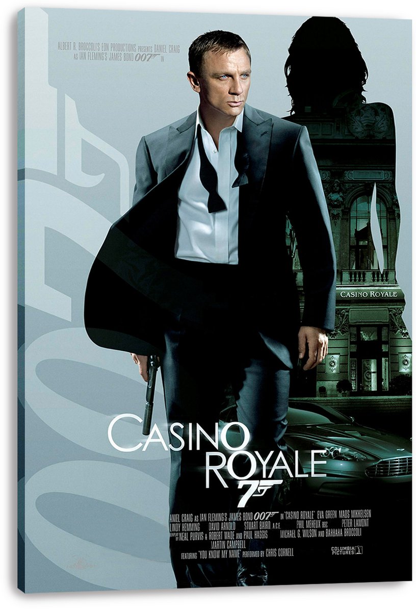 Casino Royale canvas wall art print featuring Daniel Craig as James Bond in a tuxedo, holding a pistol beside a silver sports car.