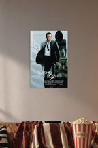 James Bond (Daniel Craig) Casino Royale in a cozy movie room above a brown sofa with popcorn.