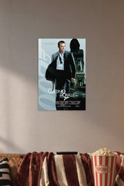 James Bond (Daniel Craig) Casino Royale in a cozy movie room above a brown sofa with popcorn.