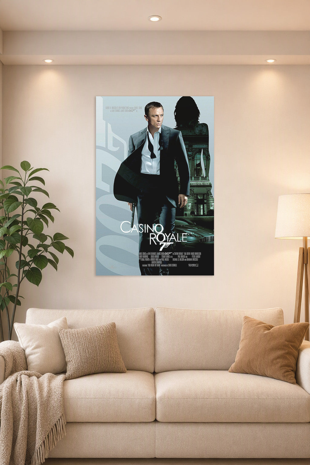 James Bond (Daniel Craig) Casino Royale in a bright living room above a beige sofa.