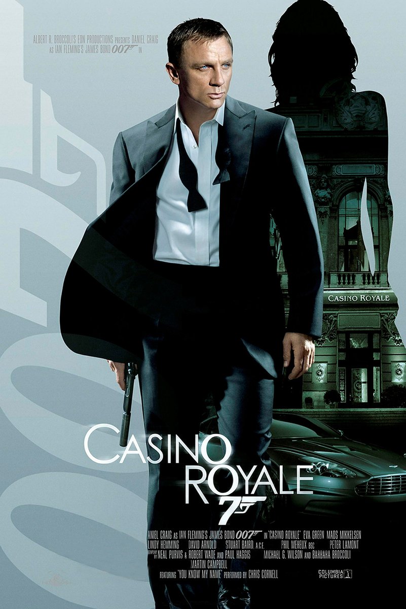 Casino Royale poster featuring Daniel Craig as James Bond in a black tuxedo with a pistol, casino facade, and silver sports car.
