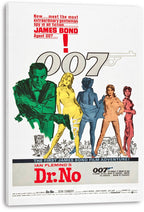 Dr. No movie poster canvas print featuring James Bond in green beside four women, bold 007 typography, and red title lettering.