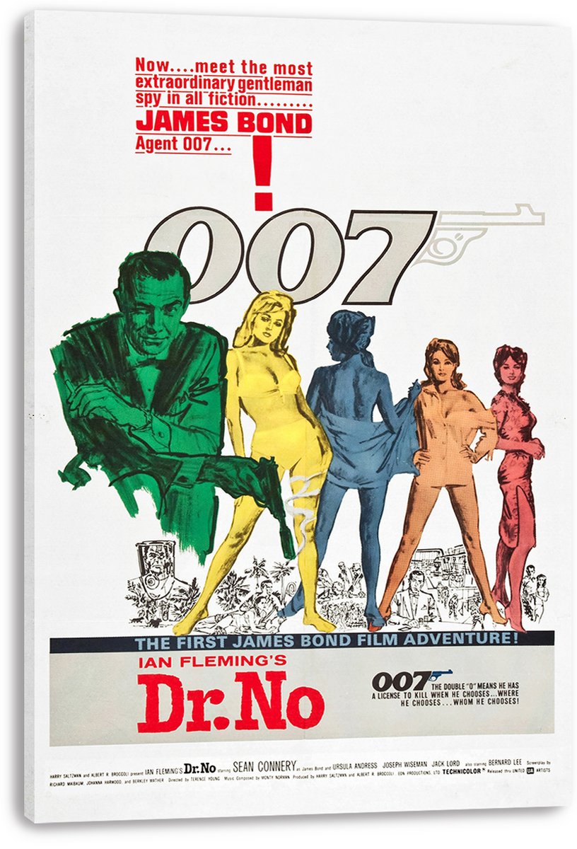 Dr. No movie poster canvas print featuring James Bond in green beside four women, bold 007 typography, and red title lettering.