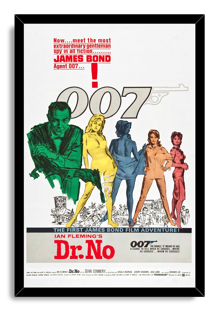 Dr. No framed wall art print with black border, James Bond and four women beneath oversized 007 lettering and a red title.