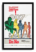 Dr. No framed wall art print with black border, James Bond and four women beneath oversized 007 lettering and a red title.