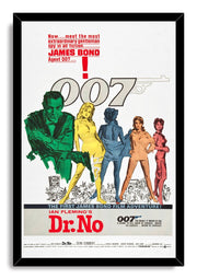 Dr. No framed wall art print with black border, James Bond and four women beneath oversized 007 lettering and a red title.