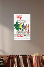 James Bond Dr. No in a cozy movie room above a brown sofa with popcorn.