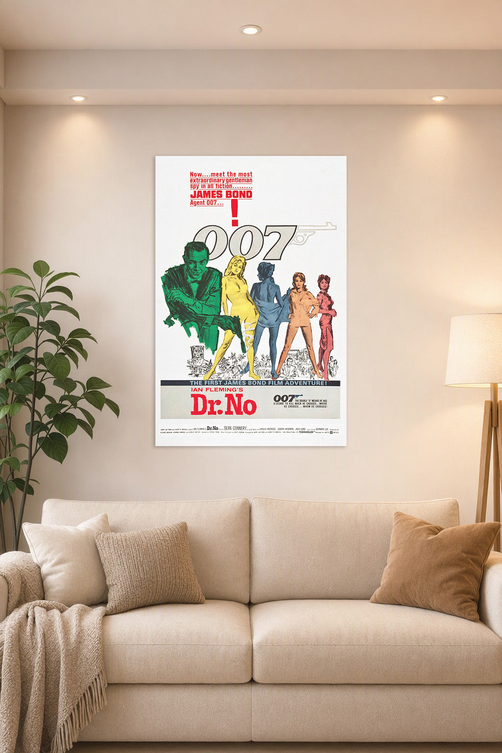 James Bond Dr. No in a bright living room above a beige sofa.