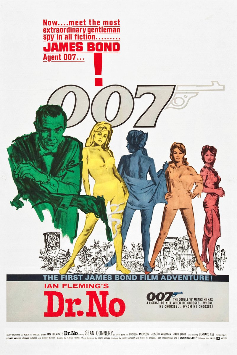 Dr. No movie poster wall art print with James Bond, large 007 lettering, five colorful figures, and red title text.