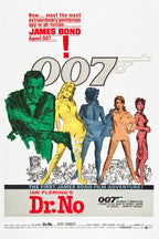 Dr. No movie poster wall art print with James Bond, large 007 lettering, five colorful figures, and red title text.