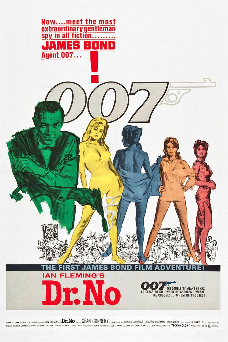 Dr. No movie poster wall art print with James Bond, large 007 lettering, five colorful figures, and red title text.