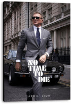James Bond No Time To Die canvas wall art print depicts Daniel Craig in a gray suit beside a black car, with bold white title text.