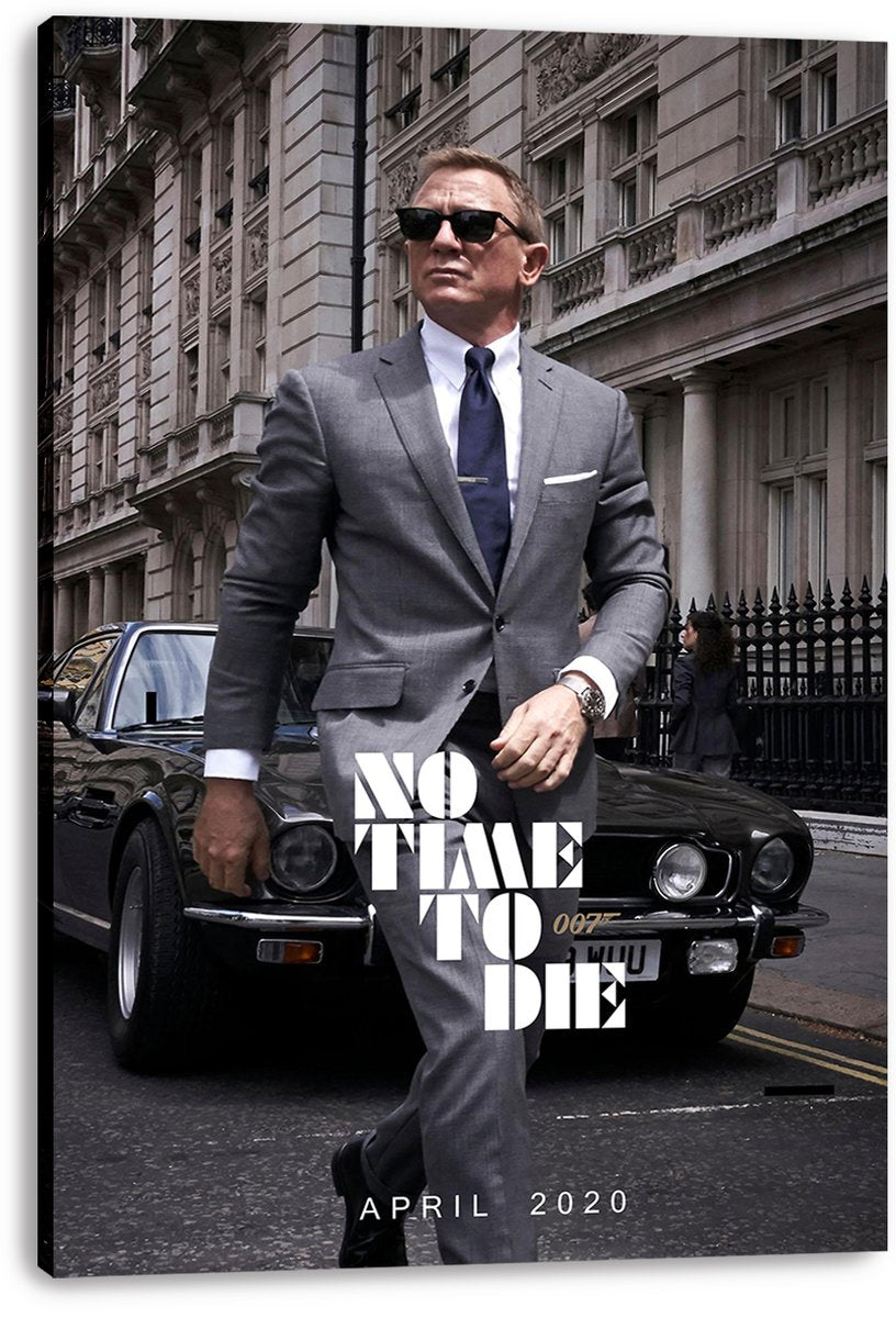 James Bond No Time To Die canvas wall art print depicts Daniel Craig in a gray suit beside a black car, with bold white title text.