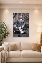 James Bond 'No Time To Die' in a bright living room above a beige sofa.