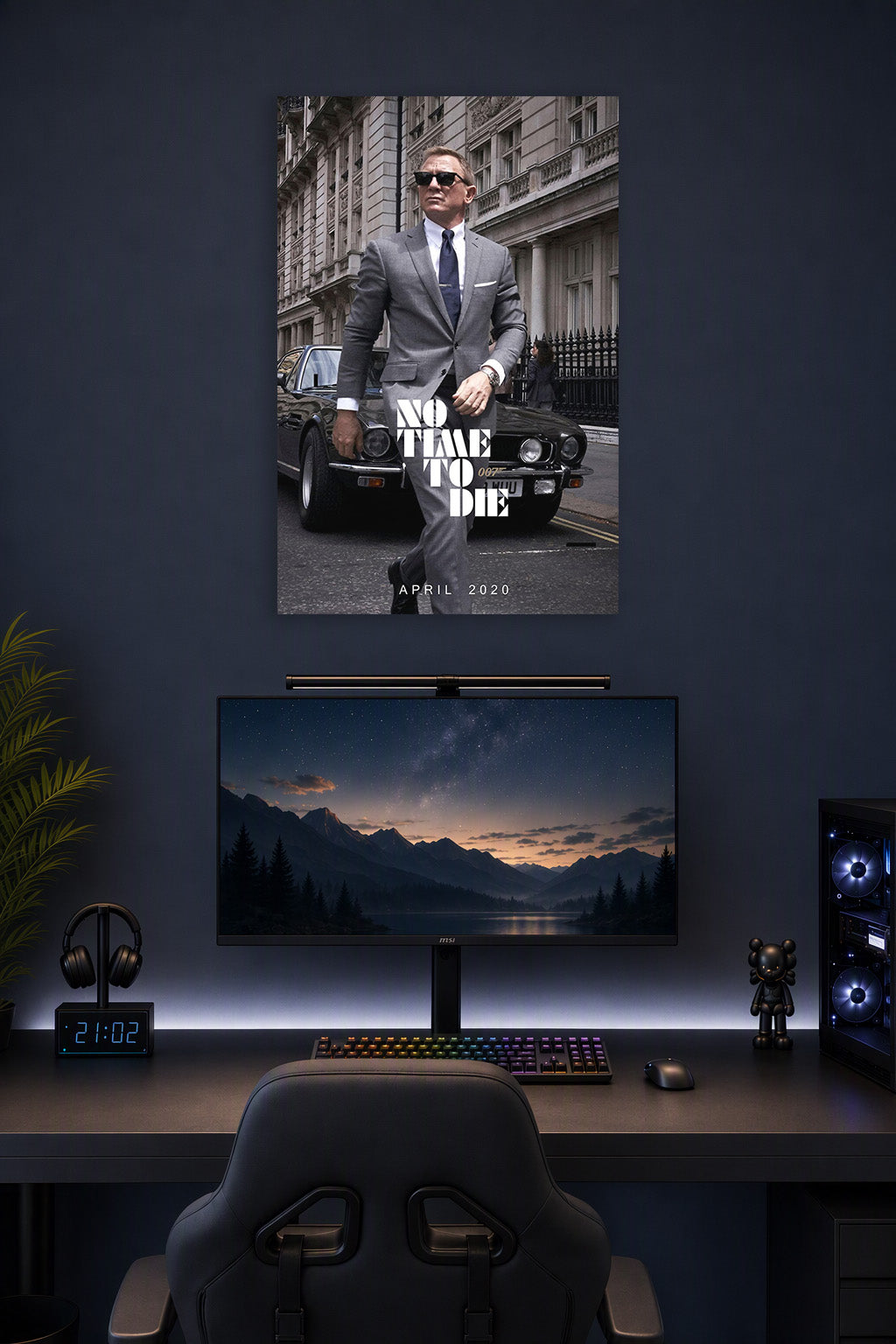 James Bond 'No Time To Die' in a gaming desk setup above a monitor.
