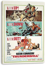 Thunderball canvas wall art print featuring Sean Connery with a jetpack and pistol, divers underwater, and red headline text.