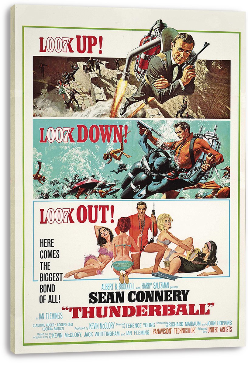 Thunderball canvas wall art print featuring Sean Connery with a jetpack and pistol, divers underwater, and red headline text.