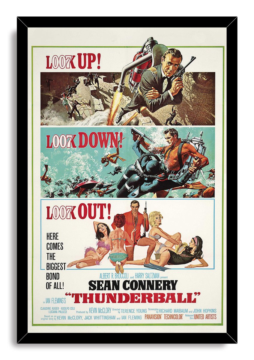 Thunderball framed wall art print in a black frame, with Sean Connery, jetpack action, scuba divers, and Bond women.