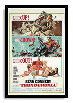 Thunderball framed wall art print in a black frame, with Sean Connery, jetpack action, scuba divers, and Bond women.