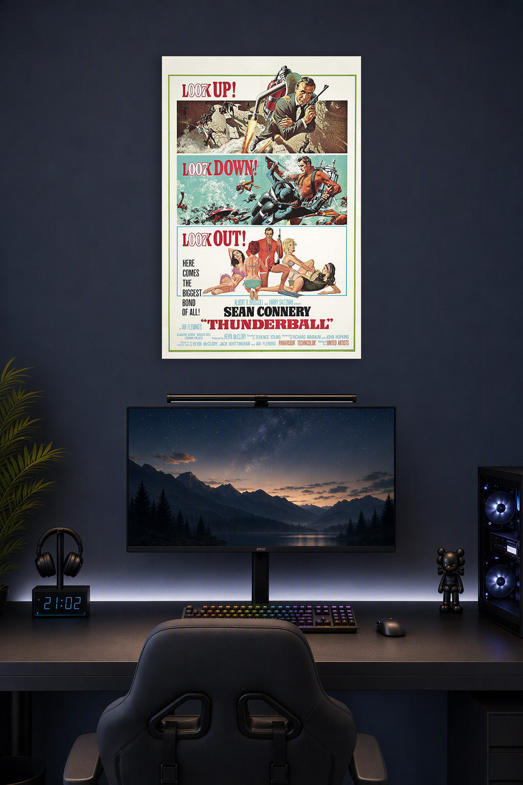 James Bond Thunderball Movie Poster in a gaming desk setup above a monitor.